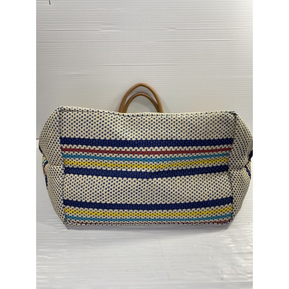 SHIRALEAH Chicago Ria Woven Paper Tote Bag Purse Striped Pompoms NWT - Picture 9 of 13